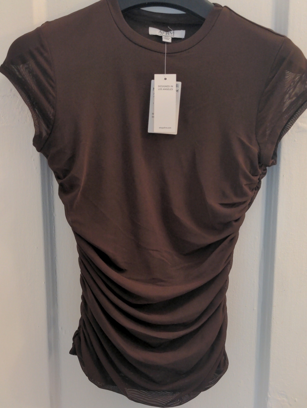 AFRM Chocolate Brown Net  Ruched Short Sleeve Tee, NWT, Sz M/M